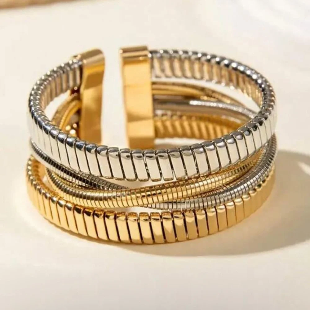Stunning Modern Gold & Silver Double Layered Cuff Bracelet